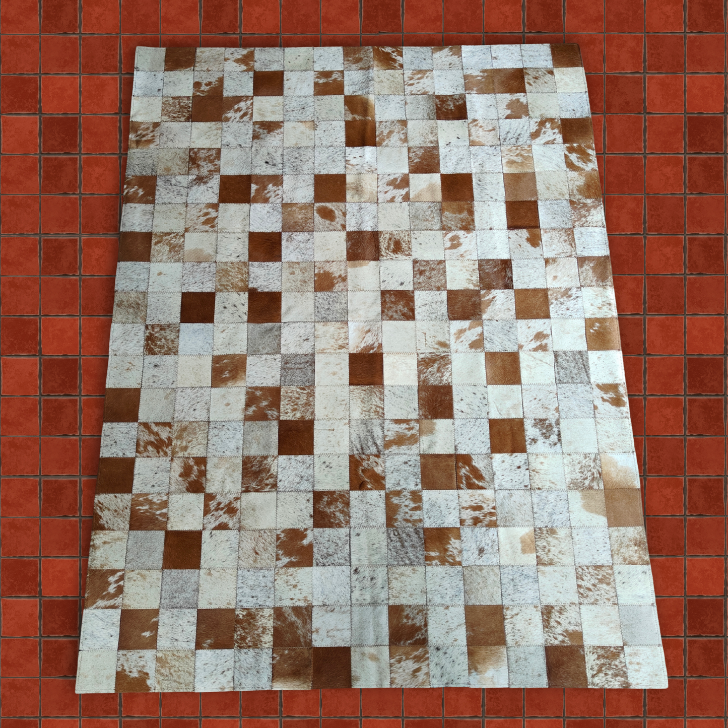 Brown and White Checkered Nguni Hide Mat